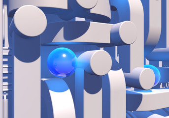 Poster - White industrial or technology abstraction with shiny blue balls and connection pipes. 3D illustration