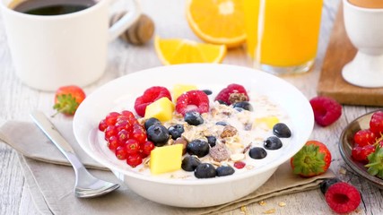 Wall Mural - breakfast with cereal, fruit and milk