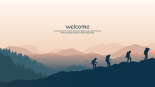 Vector Background With Tourists. Travel Concept Of Discovering, Exploring And Observing Nature. Hiking. Travelers Climb With Backpack And Travel Walking Sticks. Website Template. Flat Landscape
