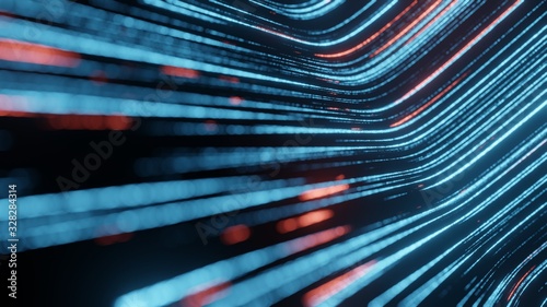 Fotografía 3D Rendering of abstract fast moving stripe lines with glowing light flare