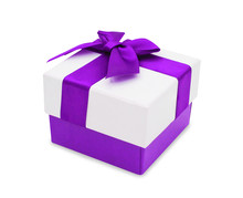Closeup White Gift Box With Purple Ribbon Isolated On White Background With Clipping Path, Christmas And New Year's Day Concept