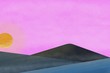 Illustration von aufgehender Sonne in karger Landschaft. Mit Bergen, Felsen, abstrakt mit Hügeln blau, grau. Morgenrot mit warmer Sonne und warmem Himmel in rosa
