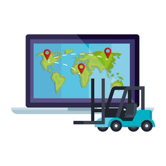 forklift and laptop with world map design, Delivery logistics transportation shipping service warehouse industry and global theme Vector illustration