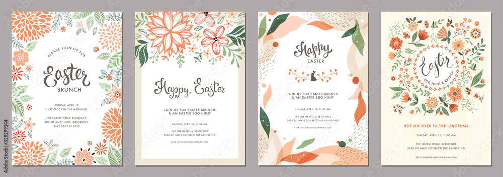 Trendy floral Easter templates. Good for poster, card, invitation, flyer, cover, banner, placard, brochure and other graphic design. - obrazy, fototapety, plakaty 
