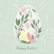 Happy Easter Design Element. Egg With Chick And Flower, Leaves, Butterfly. Vector Set