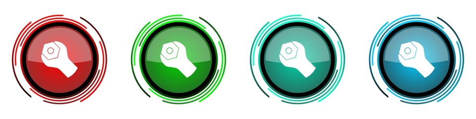 Leinwandbilder - Tools round glossy vector icons, set of buttons for webdesign, internet and mobile phone applications in four colors options isolated on white background