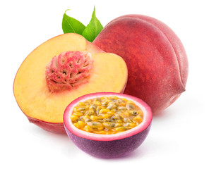 Fototapete - Isolated mixed fruits. Cut peach and passion fruit isolated on white background with clipping path