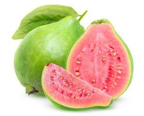 Isolated guavas. One whole guava fruit, a half and a slice with pink flesh isolated on white background