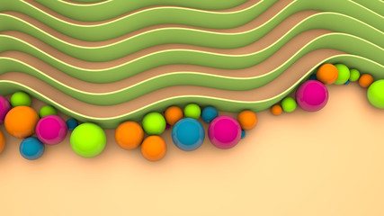 Poster - 3D rendering of abstract background, elegant design. A lot of green wavy lines and colored balls on the surface in a mess. The image to the background screen savers.