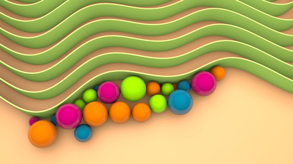 Poster - 3D rendering of abstract background, elegant design. A lot of green wavy lines and colored balls on the surface in a mess. The image to the background screen savers.