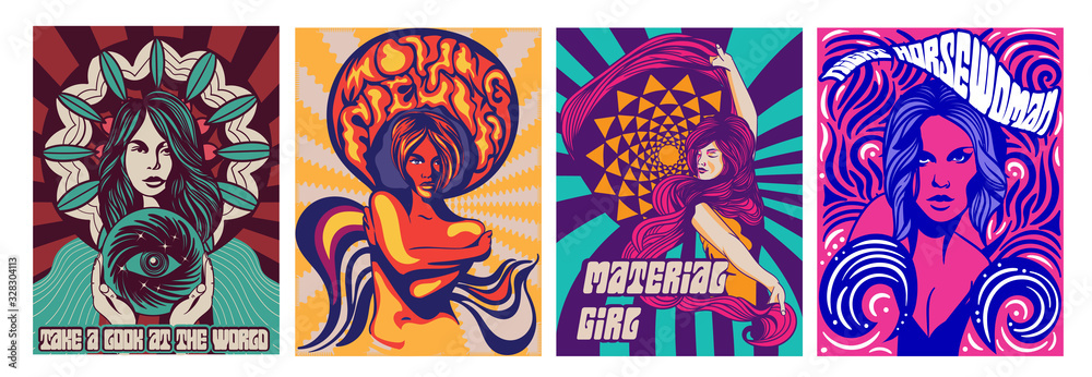 Set of four different covers or poster designs of psychedelic girls in modern stylised style, colored vector illustration - obrazy, fototapety, plakaty 
