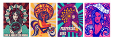 Set Of Four Different Covers Or Poster Designs Of Psychedelic Girls In Modern Stylised Style, Colored Vector Illustration