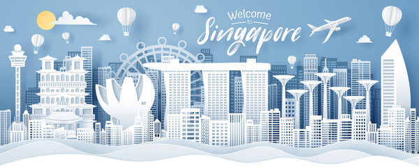 Wall Mural - Paper cut of Singapore landmark, travel and tourism concept.