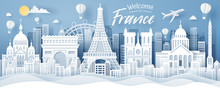 Paper Cut Of France Landmark, Travel And Tourism Concept.