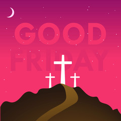 Good Friday vector concept with crucifixion of Jesus Christ and other two thieves atop of the hill in orange evening sky background and transparent Good Friday text