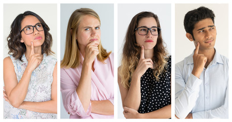 Wall Mural - Pensive Caucasian women and Asian man. Collage of pensive multiethnic people standing with hands on face isolated on white background. Thinking concept