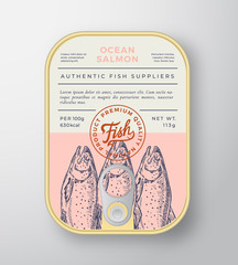 Wall Mural - Canned Ocean Fish Abstract Vector Aluminium Container Packaging Design or Label. Modern Typography Banner, Hand Drawn Salmon Silhouette with Lettering Logo. Color Paper Background Layout.