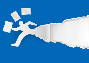 Businessman running in a hurry with papers.  Paper man silhouette with flying documents ripping blue paper with place for your text or image. Template for a original advertisement. Vector available.