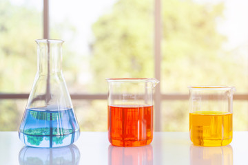 Poster - Chemical reagent bottles in scientific experiment bottles of different shapes and sizes
