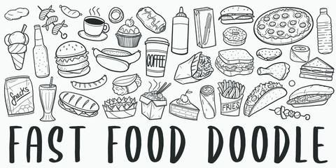 fast food doodle line art illustration. hand drawn vector clip art. banner set logos.