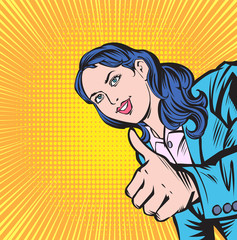 The businesswoman is satisfied, so she thumbs up. Pop art retro illustration comic Style Vector, Separate images of people from the background.