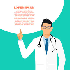 Doctor with a stethoscope presenting information header vector banner. Medic  pointing finger upwards. Male presenting information header vector banner. 