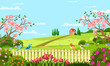 Horizontal spring landscape with fence, tulips, roses, blooming trees and bushes, hills, birds and house. Rural illustration with summer garden in cartoon flat style for banners, backgrounds, advertis