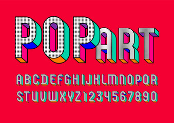 Pop art font, trendy graphic alphabet sans serif, modern 3d letters and numbers with black dot, vector illustration 10EPS