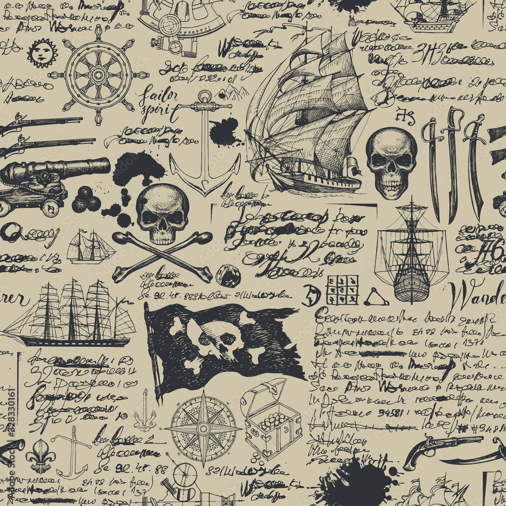 Vector abstract seamless pattern with skulls, crossbones, pirate flag ...