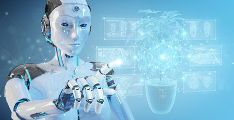 Aufkleber - Robot holding and touching holographic projection of a plant with digital analysis 3D rendering