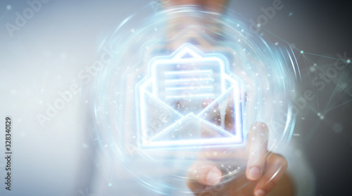 Fotomural Woman using digital email blue holographic interface 3D rendering