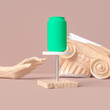 © vpanteon - Soda drink can display product presentation. Scene with podium and hand abstract sculptures. Beer advertising promo banner concept. 3d rendering.