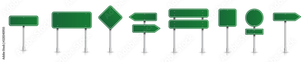Set of green road signs. Directional signs. Realistic style. Vector graphics. - obrazy, fototapety, plakaty 