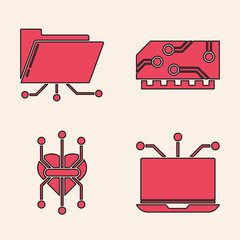 Set Laptop, Folder and lock, RAM, random access memory and Processor icon. Vector