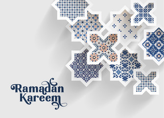 Wall Mural - Blue ornamental arabic tiles, patterns through white cut out star, ong shadows. Greeting card, invitation for Muslim holiday Ramadan Kareem. Vector illustration bacground, web banner, modern design.