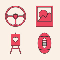 Wall Mural - Set American Football ball, Steering wheel, Photo frames and Wood easel or painting art boards icon. Vector