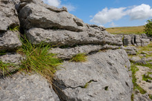 Dramatic View Of A Limestone Outcrop Seen Within The North Yorkshire Dales. Grasses Can Be Seen Growing Between Crevices.
