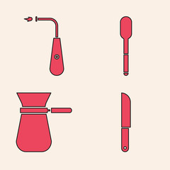 Sticker - Set Knife, Long electric lighter, Spoon and Coffee turk icon. Vector