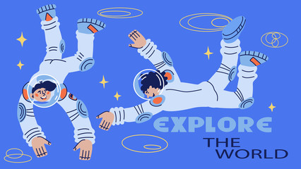 Wall Mural - Explore the world banner with astronauts or spacemen characters. Cosmos and universe research, planetarium lecture or lesson invitation. Space journey and exploring. Flat cartoon vector illustration.