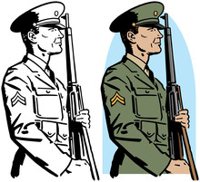 A Drawing Of An American World War II Era Army Officer Standing At Attention With A Rifle. 