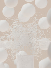 Poster - Abstract background for branding and minimal presentation.White ceramic podium with cream foundation splash on white spheres background. 3d rendering illustration.
