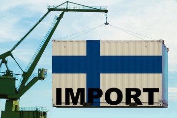 port crane holds a container with Finland flag, concept of shipping, distribution of goods in a global business