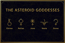 Set Of Alchemical Golden Symbols Of The Asteroid Goddesses On Dark Background. Sacred Geometry. Vector Illustration.