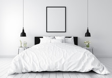 Blank Photo Frame For Mockup In  White Bedroom, 3D Rendering