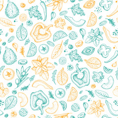 Wall Mural - Doodle vegetables seamless pattern. Salad background. Vegan food. Hand drawn sketch. Packaging design template.