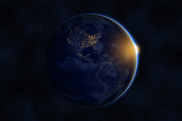 sunrise over planet earth against dark starry sky background, elements of this image furnished by na