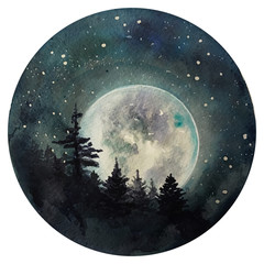 Watercolor Moon at starry night, galaxy with stars, space and astrology universe illustration.