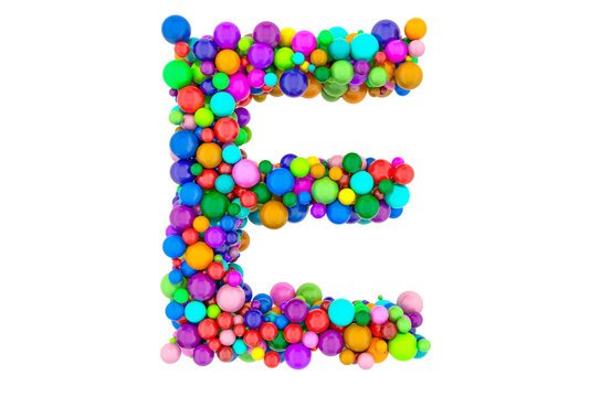 Letter E from colored balls, 3D rendering