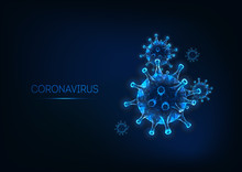 Futuristic Coronavirus Web Banner Template With Glowing Low Polygonal Virus Cell On Dark Blue