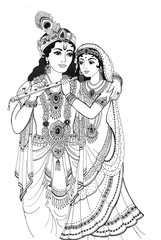 God Krishna and his beloved Radha stand gently embracing, with a flute in their hands. Sketch black line on a white background